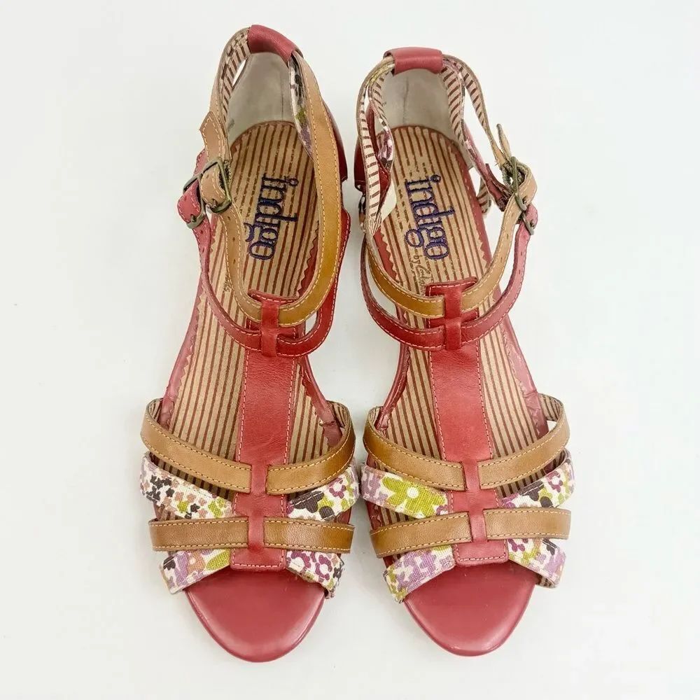 Indigo By Clarks Red Brown Leather Floral Textile Strappy Low Wedge Sandals